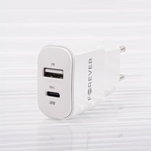 Forever TC-01-20AC PD QC-laddare 1x USB-C 1x USB 20W vit vit