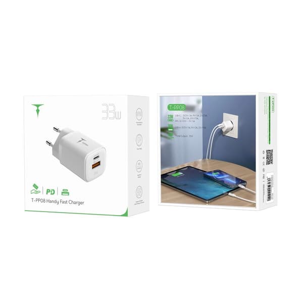 VÄGGLADDARE T-PHOX HANDY SERIES 33W T-PP08 USB/USB-C VIT