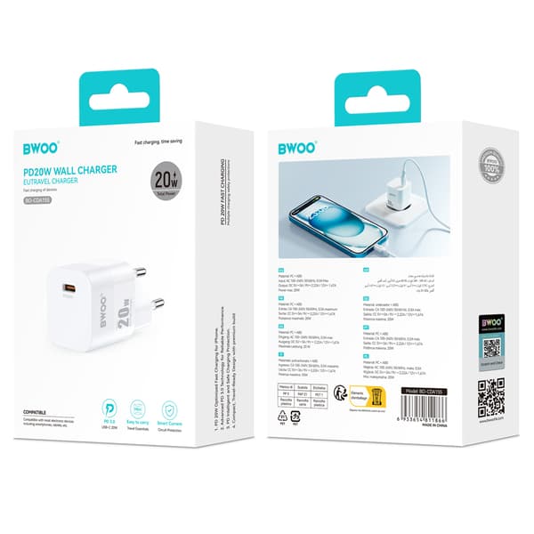 BWOO CDA155 PD väggladdare 1x USB-C port 1A 20W vit