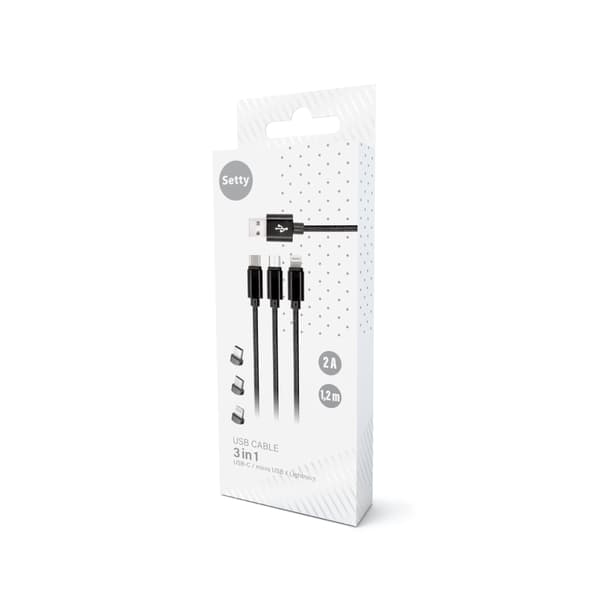 Setty 3in1 kabel USB - Lightning + USB-C + microUSB 1,0 m 2A KN3W1-01 svart svart