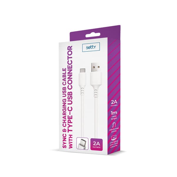 Setty-kabel USB - USB-C 1,0 m 2A vit NY vit
