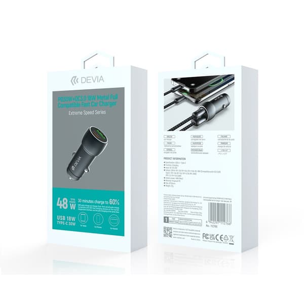 Devia billaddare Extreme PD QC 3 0 30W + 18W 1x USB 1x USB-C djupgrå