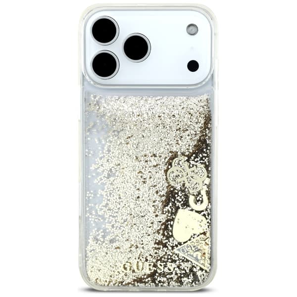 Guess Liq Glitter 4 Charms fodral för iPhone 17 Pro Max guld gul
