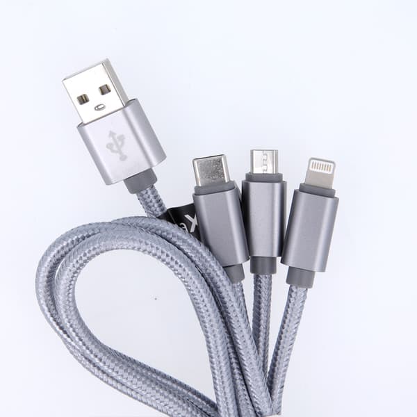 Maxlife 3in1-kabel USB - Lightning + USB-C + microUSB 1,0 m 2,1A grå nylon