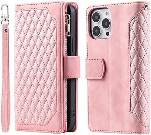 Långt nyckelband läderfodral för iPhone 14 Pro Max med 7 kortplatser rosa
