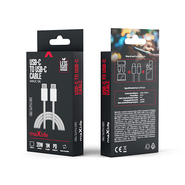 Maxlife MXUC-06 kabel USB-C - USB-C 1,0 m 20W grå nylon