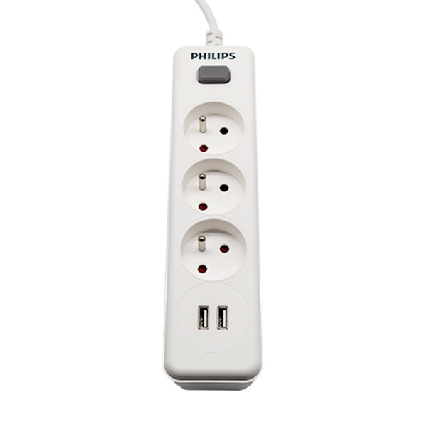 Grenuttag PHILIPS förlängningssladd 3 uttag + 2 USB 2m 10A vit