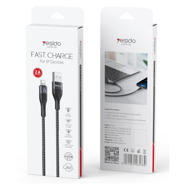 YESIDO KABEL CA121 18W USB/LIGHTNING 1M 2A SVART