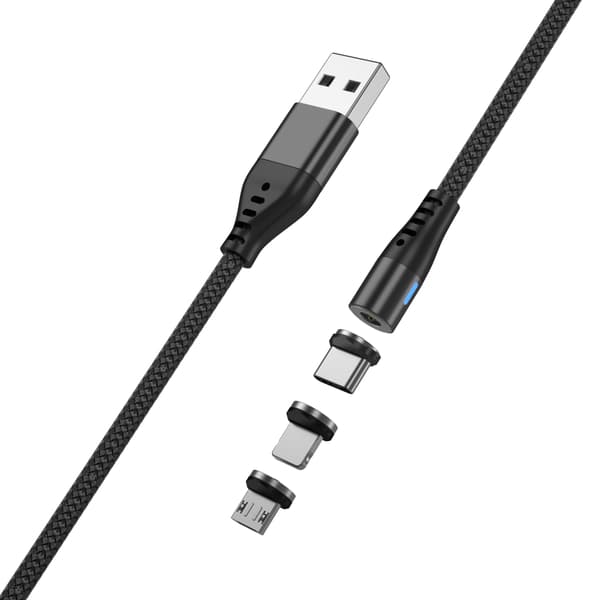 Maxlife MXUC-02 magnetkabel USB - Lightning + USB-C + microUSB 1,0 m 2A svart nylon
