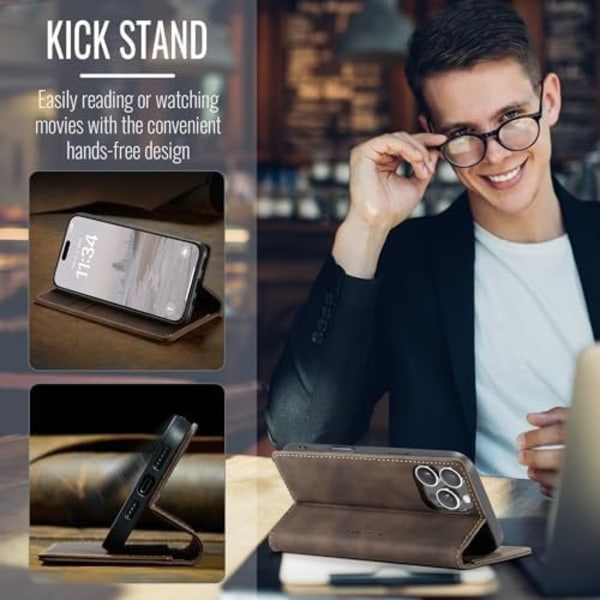 CaseMe 0013 Læder Wallet Case til iPhone 16 plus mørkebrun brown