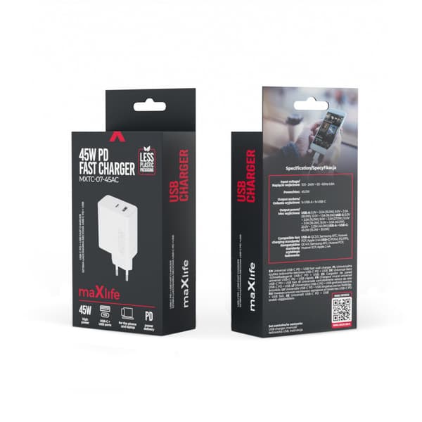 Maxlife MXTC-07-45AC PD QC laddare 1x USB-C 1x USB 45W vit vit
