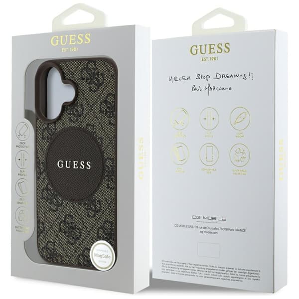 Guess HC MagSafe PU 4G Circle med klassisk logotypfodral för iPhone 16 Brun