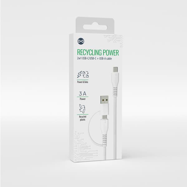 Forever återvinningskabel 2i1 1,5m 3A USB-C - USB-C + USB-A KR2W1-00 vit vit