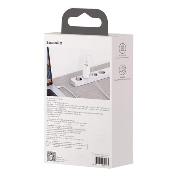 Baseus väggladdare GaN2 Lite PD 65W 1x USB-C 1x USB vit vit