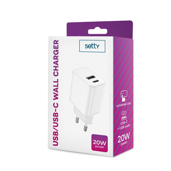 Setty laddare 1x USB + USB-C 3A 20W vit vit