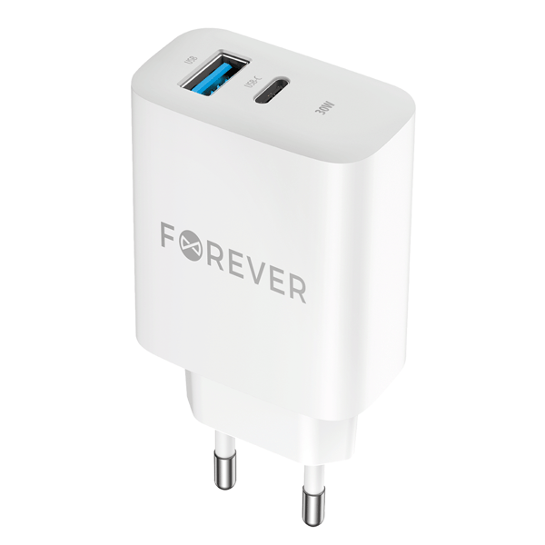 Forever TC-07-30AC PD QC laddare 1x USB-C 1x USB 30W vit vit
