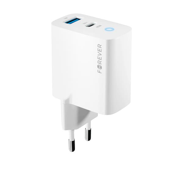 Forever TC-06-65AC GaN PD QC laddare 1x USB-C 1x USB 65W vit vit