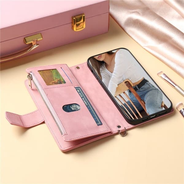 Långt nyckelband läderfodral för iPhone 14 Pro Max med 7 kortplatser rosa rosa