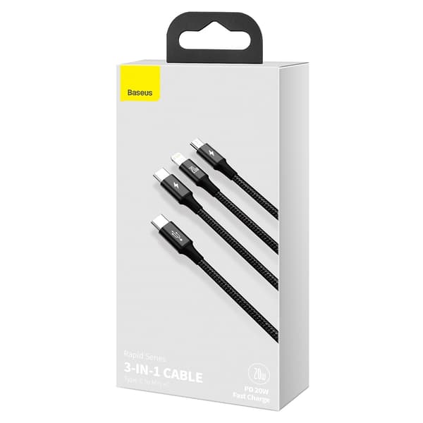 Baseus kabel 3in1 Rapid PD USB-C - micro USB + Lightning + USB-C 1,5m svart 20W svart