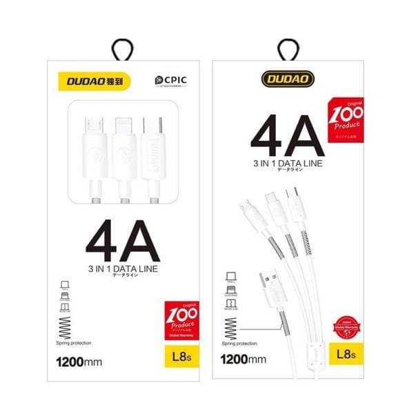 Dudao L8s upgrade USB-A to Lightning/USB Micro/USB-C 3-in-1 cable 1.2m white vit