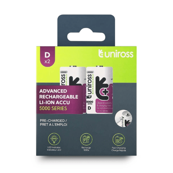 Uniross USB-C D/HR20 Uppladdningsbar Lithiumbatterier 5000mAh, 2 st.