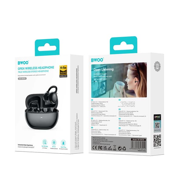 BWOO Open-Ear Headphones BW39 TWS - Clip-on, Black, For Training
