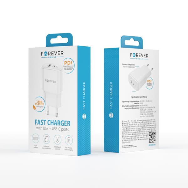 Forever TC-01-20AC PD QC laddare 1x USB-C 1x USB 20W vit