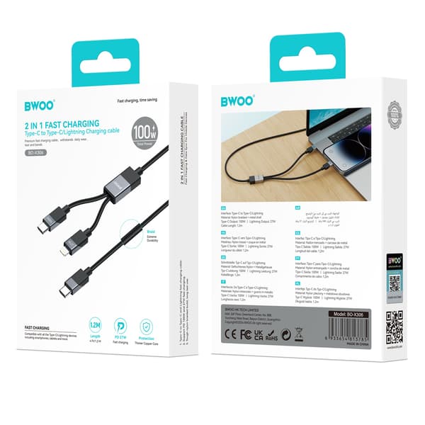 BWOO Flätad 2-i-1-kabel USB-C - USB-C och Lightning 1m 100W / 27W svart svart