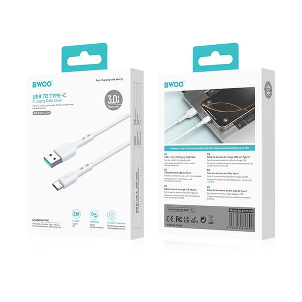 BWOO Kabel USB - USB-C 2m 3A vit