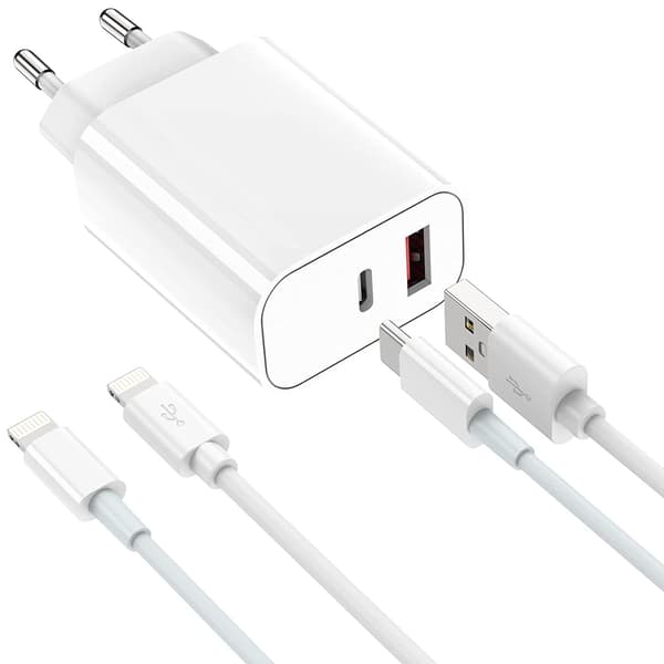 Snabbladdare med 2 USB-portar – Inkl. 1m 2 kablar (A-light,C-ligth)