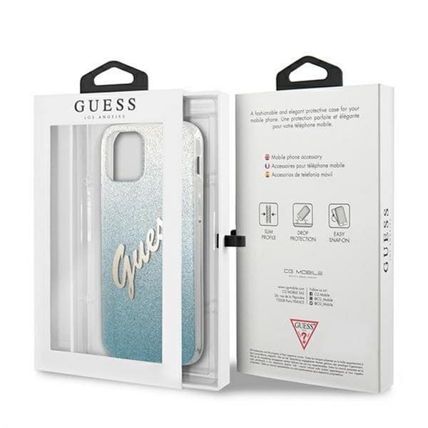 Guess fodral för iPhone 12 / 12 Pro GUHCP12MPCUGLSBL blå hårt fodral Glitter Gradient Script