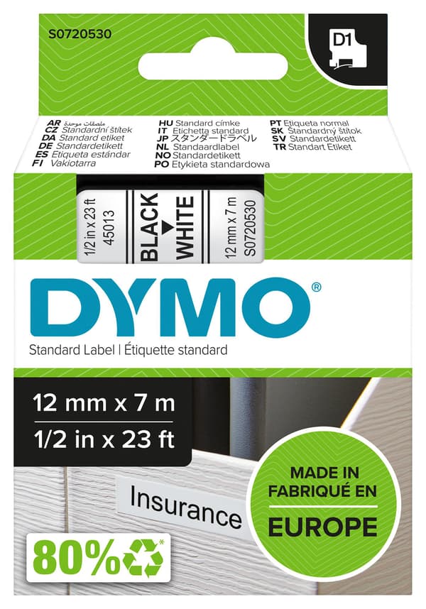 DYMO D1 Märkattape (1,2 cm x 7 m) 1kassette(r) S0720530