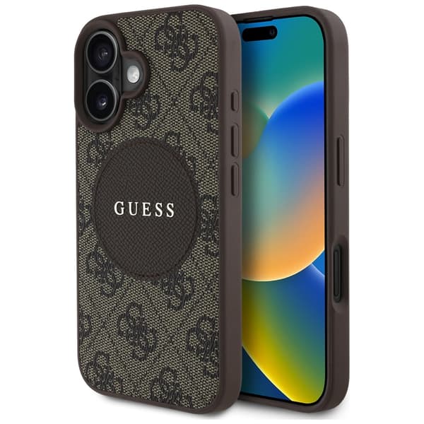 Guess HC MagSafe PU 4G Circle med klassisk logotyp fodral för iPhone 16 brun brun