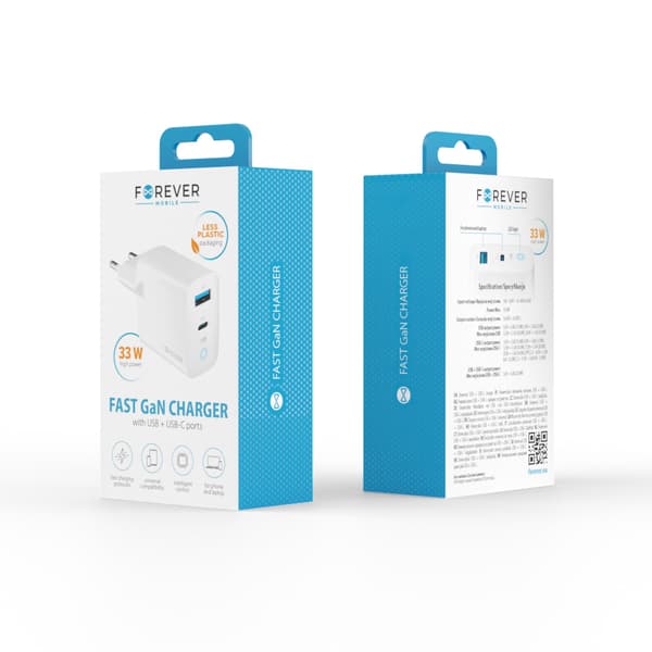 Forever TC-06-33AC GaN PD QC-laddare 1x USB-C 1x USB 33W vit vit