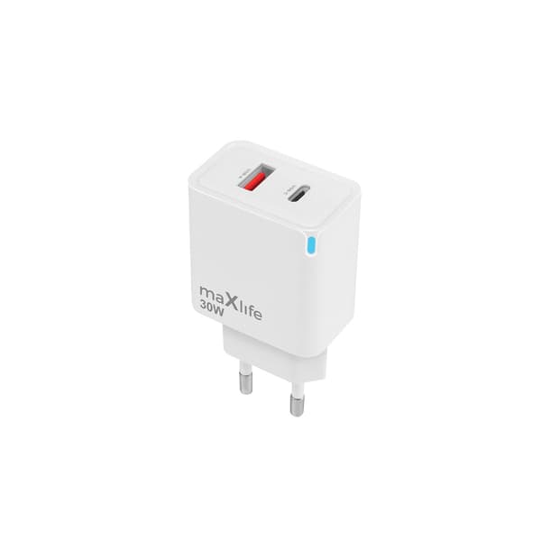 Maxlife MXTC-09-30AC GaN PD QC laddare 1x USB-C 1x USB 30W vit vit