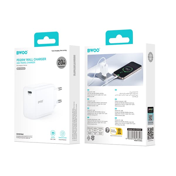 BWOO väggladdare 20W CDA226 QC 1x USB-C svart