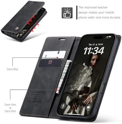 CaseMe 0013 Plånboksfodral i läder för iPhone 16 pro mörk