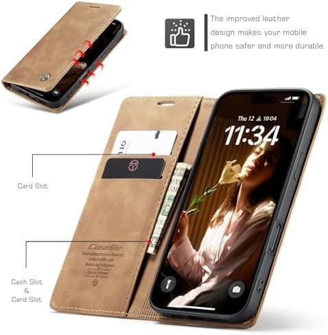 CaseMe 0013 Läderplånboksfodral för iPhone 16 brun
