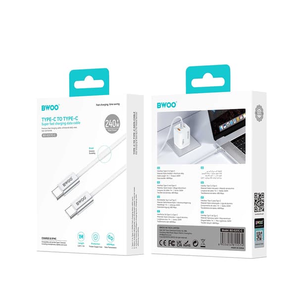 BWOO 240W flätad kabel USB-C - USB-C BO-X317C-C 1m vit