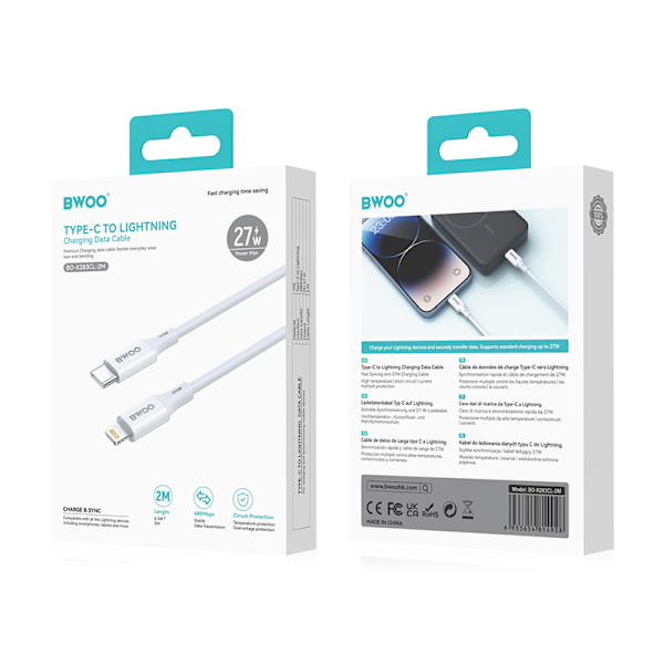 BWOO-kabel USB-C - Lightning 2m 27W ABS + TPE vit