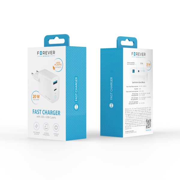 Forever TC-06-20AC PD QC laddare 1x USB-C 1x USB 20W vit vit
