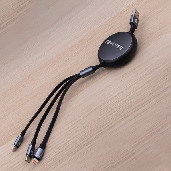 Forever 3i1-kabel USB - Lightning + 2x USB-C 1,2 m 100W svart