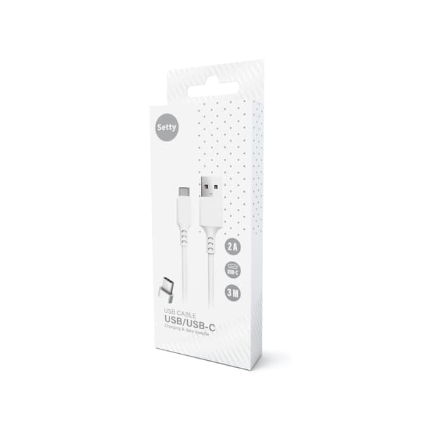 Setty kabel USB - USB-C 3,0 m 2A vit NY vit
