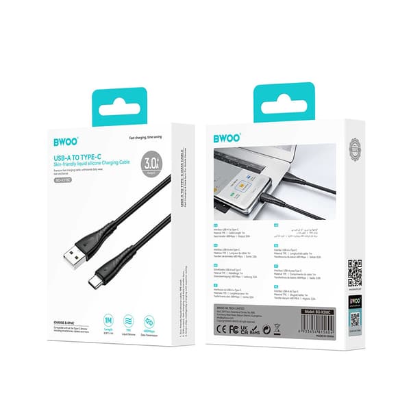 BWOO Kabel USB - USB-C 1m 27W 3A Svart BO-X318C