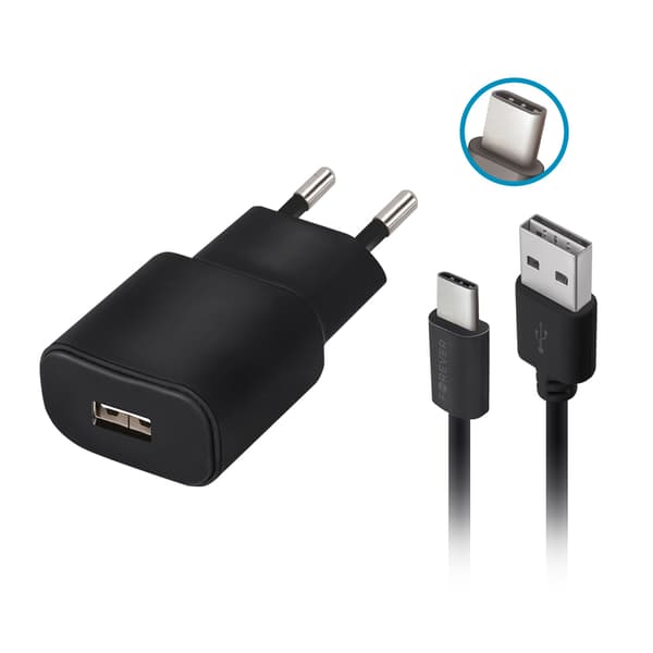 Forever TC-01 laddare 1x USB 2A svart + USB-C kabel svart