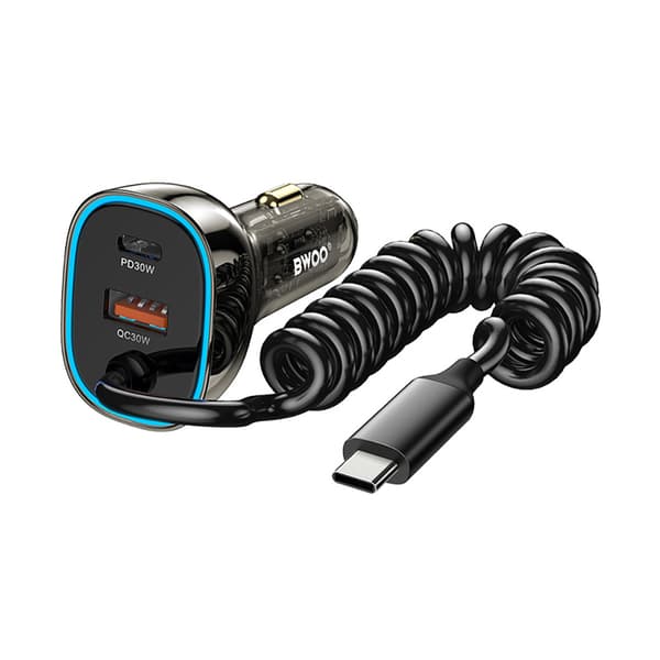 BWOO CC96C 30W PD billaddare 1x USB-C 1x USB-port med USB-C-kabel grå
