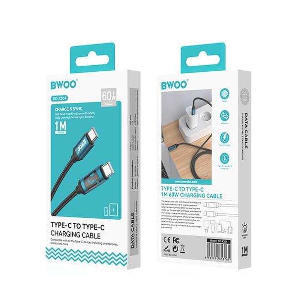 BWOO USB-C till USB-C-kabel 1m 60W med LED-display, flätad, svart svart