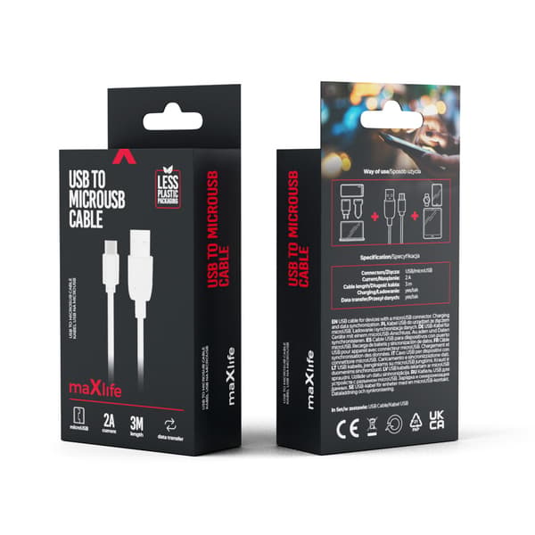 Maxlife kabel USB - microUSB 3,0 m 2A vit vit