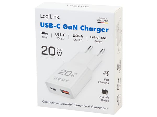 Logilink-adapter GaN 20Watt 1xUSB-C 1xUSB-A – Vit vit