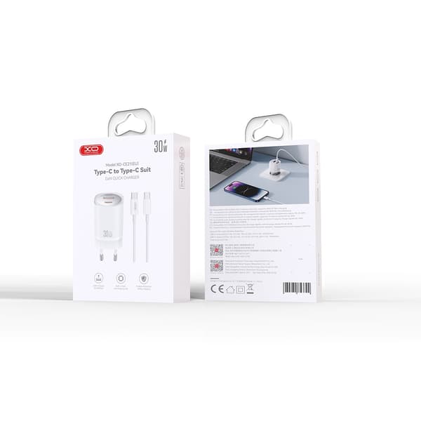 XO väggladdare CE21 PD 30W 1x USB-C 1x USB vit + kabel USB-C - USB-C